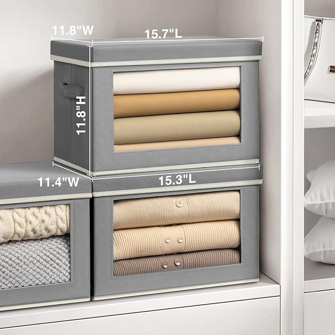 Homsorout Large Storage Bins with Lids - Fabric Storage Cubes with Window, Collapsible Bins for Clothes, 15.7 Inch Large Baskets for Bedroom, Dorm, Office, Grey, 6 Pack