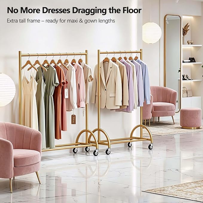 MISSLO Heavy Duty Clothing Rack with Wheels Rolling Clothes Racks for Hanging Clothes, Coats, Garment, Dress, Gold