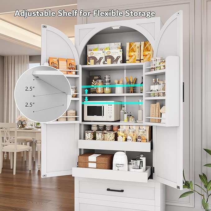 iPormis 71" Tall Kitchen Pantry Storage Cabinet w/Door and Adjustable Shelf & Large Drawers, Freestanding Kitchen Cupboard for Dining Room/Living Room, White