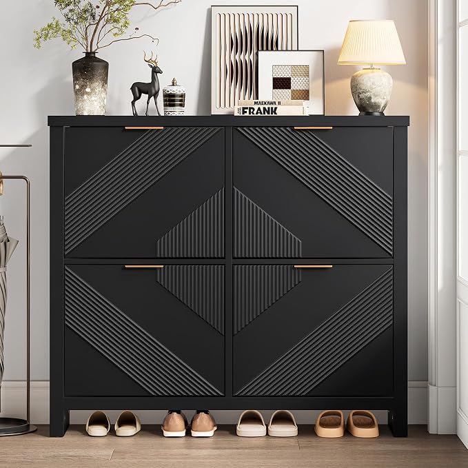 Shoe Cabinet with 4 Flip Drawers & Symmetric Groove Pattern for Entryway | 44.5''W x 9.2''D x 39.4'' Black Fit for 16-24 Pairs of Shoes Slim Narrow Hidden Shoe Storage Cabinet for Hallway Living Room