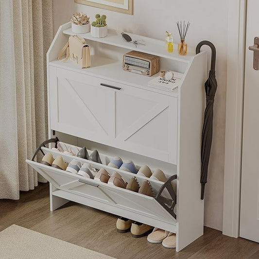Farmhouse Shoe Cabinet with 2 Flip Drawers, Shoes Storage Cabinet, Freestanding Shoe Rack Organizer for Entryway, White