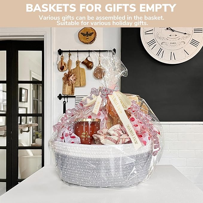 CHICVITA Small Rope Gift Basket Empty with Bags & Ribbon to Fill, Grey | 12"x 8"x 5" Woven Gift Basket Empty to Fill for Holiday, Rope Baskets for Organizing, Birthday Basket, Dog Toy Basket