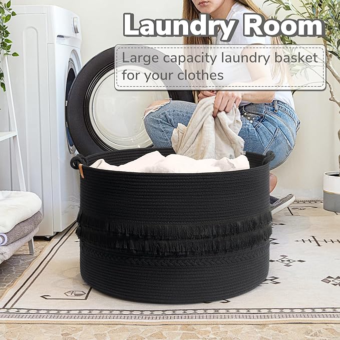 CherryNow 90L Large Woven Rope Blanket Basket with Tassel, 22" x 14", Black | Boho Basket for Toys, Clothes & Pillows Storage, Fits Bedroom Living Room Home Décor, Laundry Hamper with Knotted Handles