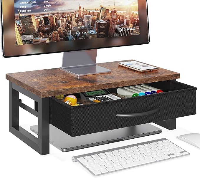 Computer Monitor Stand Riser with Drawer, 2-Tier Desk Accessories & Workspace Organizers, Laptop Stand for Desk with Storage, Office Organization, Wood