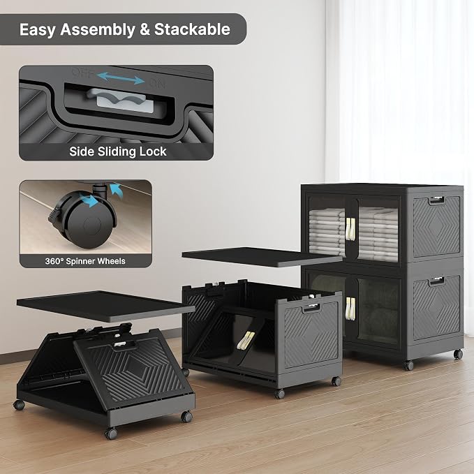 Stackable Storage Bins with Lids, 360QT Extra Large Storage Cabinet | Clear Doors, Foldable Storage Drawers, Heavy Duty, Collapsible Closet Organizers for Bedroom Office (2, Black, 180, Quarts)