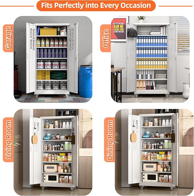 Aobabo 71" White Metal Storage Cabinet with Wheels and Pegboard | 16"D x 32"W x 71"H steel cabinet; lockable doors, 5 adjustable shelves, and wheels for garage, office, pantry.