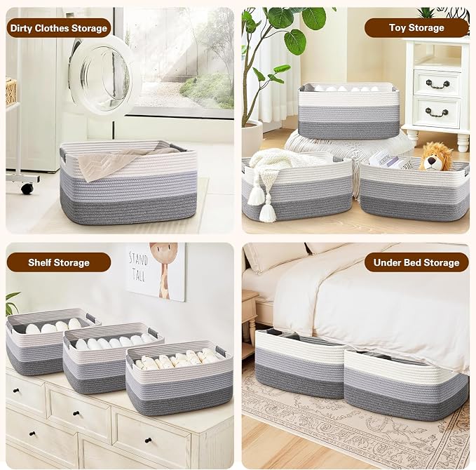 3 Pack Large Storage Basket for Organizing, 17.5"x13"x7" Woven Basket for Shelves, Closet Cube Storage Bins with Wrapped Handle, Cotton Rope Baskets for Kitchen, Clothes, Toys(Gradient Grey)