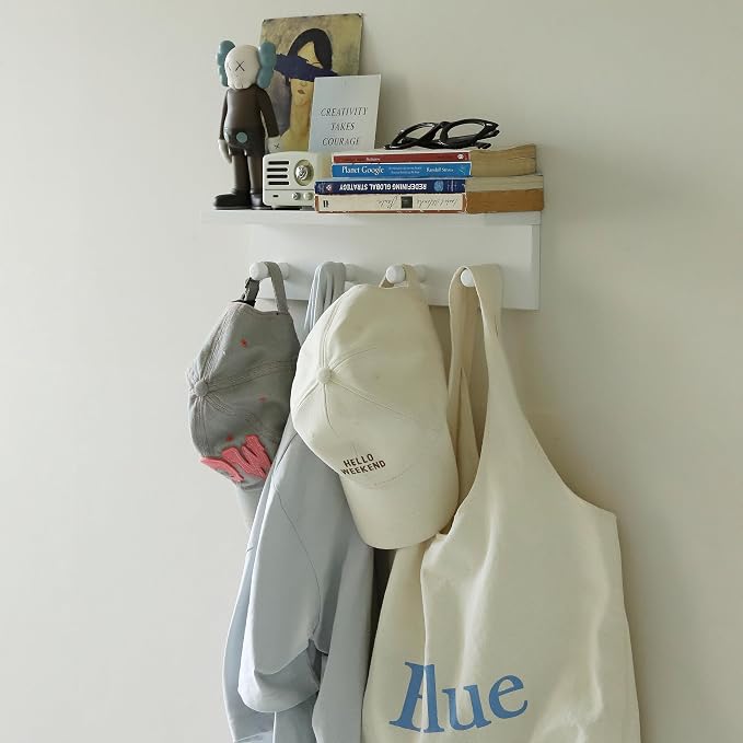 Entrance Coat Rack ，Coat Hooks, Wall-Mounted Wooden Hook Rack, Wall-Mounted Shelves are Very Suitable (White Color Finish—A-1)