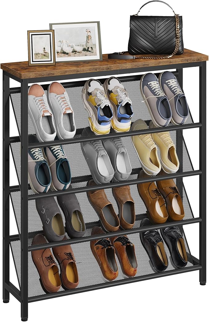 CHOEZON Shoe Rack, 5-Tier Slanted Shoe Storage Shelf, Narrow Shoe Rack for Entryway, Shoe Organizer with Adjustable Feet, Slim Shoe Shelf with Wooden Top and Metal Frame Rustic Brown and Black TXJ02BF