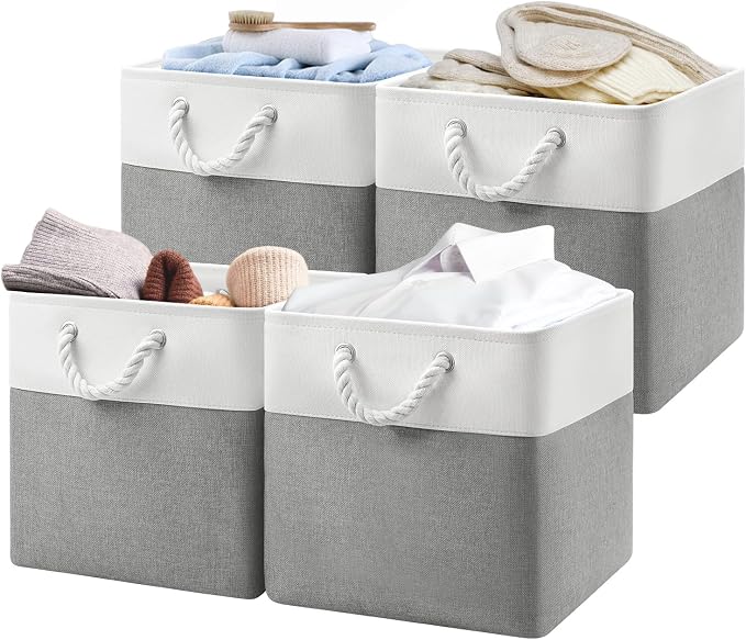 Patvingot 13-Inch Fabric Cube Storage Bins with Handles,4 Pack,Foldable | For cube shelves and closets,keeps grouped for everyday access,reinforced opening and fold-flat storage,white and gray