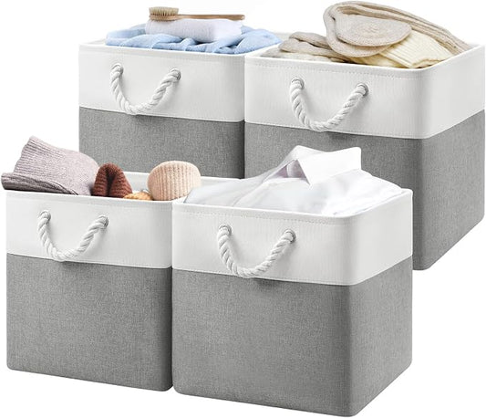 Patvingot 13-Inch Fabric Cube Storage Bins with Handles,4 Pack,Foldable | For cube shelves and closets,keeps grouped for everyday access,reinforced opening and fold-flat storage,white and gray