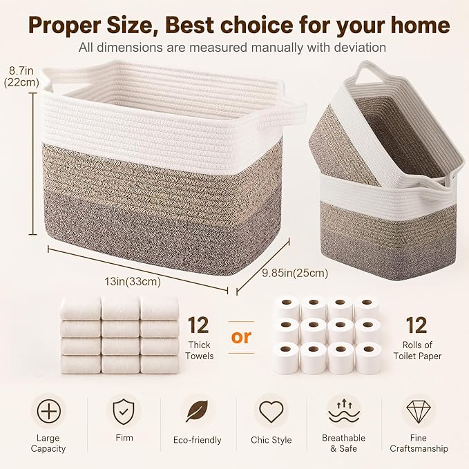 OIAHOMY Storage Basket, Woven Baskets for Storage, Cotton Rope Basket for toys,Towel Baskets for Bathroom - Pack of 3, Gradient Dark Brown