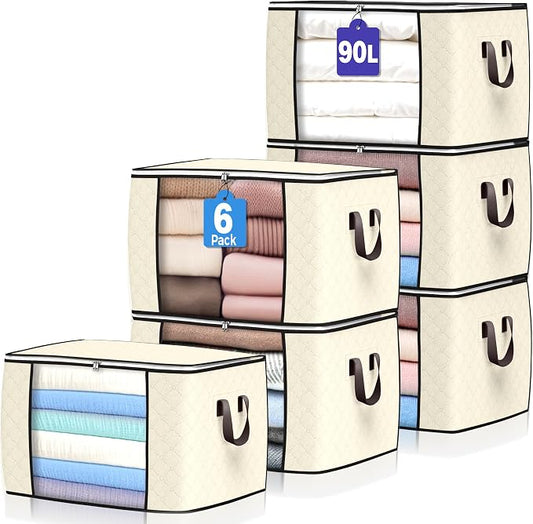 90L Large Storage Bags, 6 Pack Clothes Storage Bins Closet Organizers | Foldable Storage Containers, with Reinforced Handle, for Clothing, Blanket, Comforters, Bed Sheets, Pillows and Toys,Beige