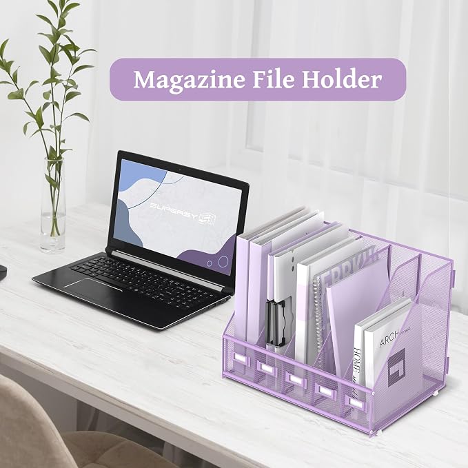 SUPEASY Desk Organizers Metal Desk Magazine File Holder with 5 Vertical Compartments Rack File Organizer for Office Desktop, Classroom, Home Workspace, Purple