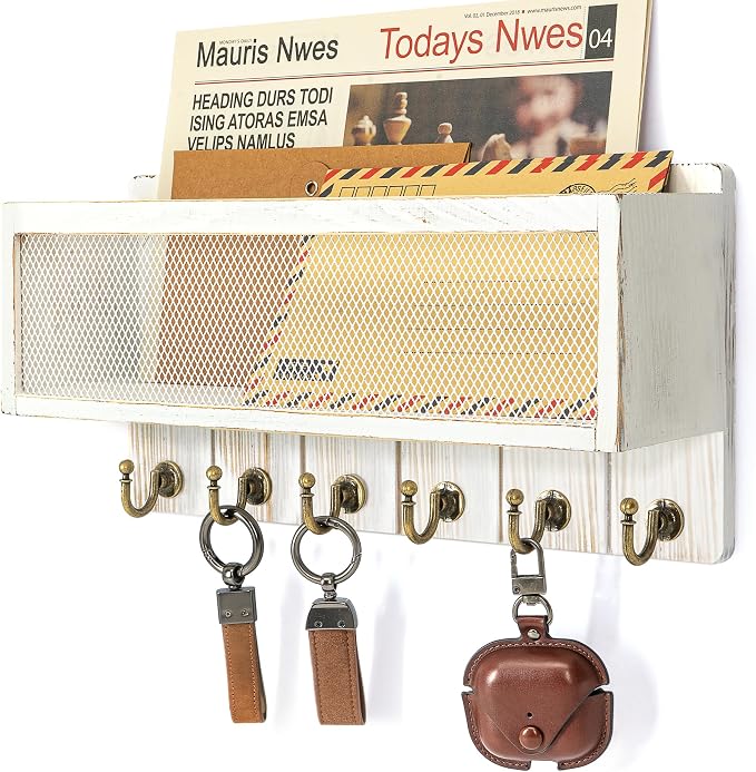 Rebee Vision Key Holder Wall Mount with Mail Basket for Entryway, Whitewash | Pine Wood, Key Holder for Wall, 6 Key Hooks, Mail Organizer, Key Rack & Storage Organizer, Home Essential, Room Decor