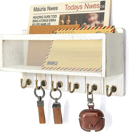 Rebee Vision Key Holder Wall Mount with Mail Basket for Entryway, Whitewash | Pine Wood, Key Holder for Wall, 6 Key Hooks, Mail Organizer, Key Rack & Storage Organizer, Home Essential, Room Decor
