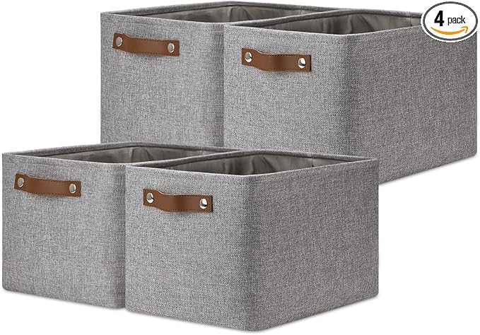 DULLEMELO Storage Baskets for Shelves, Fabric Collapsible Rectangular Storage Bins for Shelves, Closets, Nursery, Home, Office, Empty Gift Baskets (4-Pack, Grey)