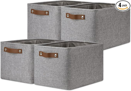 DULLEMELO Storage Baskets for Shelves, Fabric Collapsible Rectangular Storage Bins for Shelves, Closets, Nursery, Home, Office, Empty Gift Baskets (4-Pack, Grey)