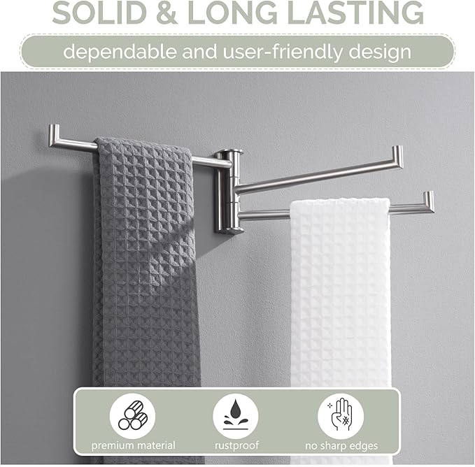 Angle Simple Swivel Hand Towel Holder 3 Bars, Brushed Nickel, 9.84" | SUS304 Stainless Steel Bathroom Kitchen Towel Rack Hanger, Fold Flat to the Wall, Screws Mount