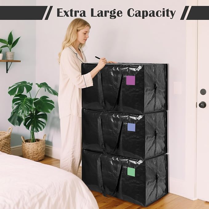 6 Pack Moving Bags with Full-Open Side Zipper, Extra Large 93L Heavy Duty Waterproof Foldable Storage Totes for College Dorm, Moving & Home Organization Black