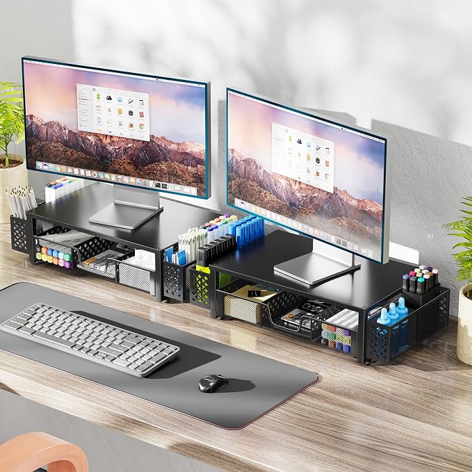 Simple Trending Desk Organizer, Computer Monitor Stand Riser, Black | Metal Laptop & Printer Stand, Desktop Organizer with Drawer & 2 Pen Holders, Anti-Slip Pads, 18.5"W x 9.5"D x 4.75"H