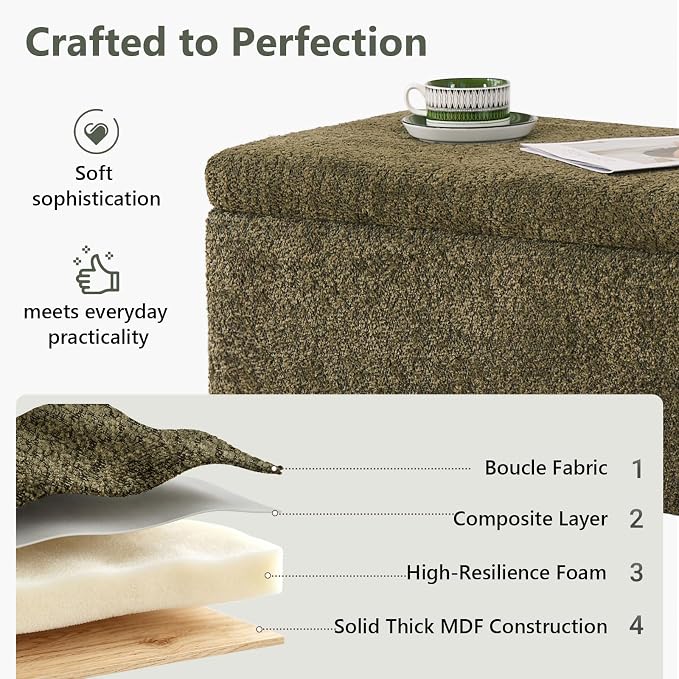 Boucle Storage Ottoman Bench, with Hidden Storage and Solid Wood Legs | Modern End of Bed Bench, Rectangle Footrest, Hidden Storage, Solid Wood Legs, Bedroom, Living Room and Entryway Use, Green