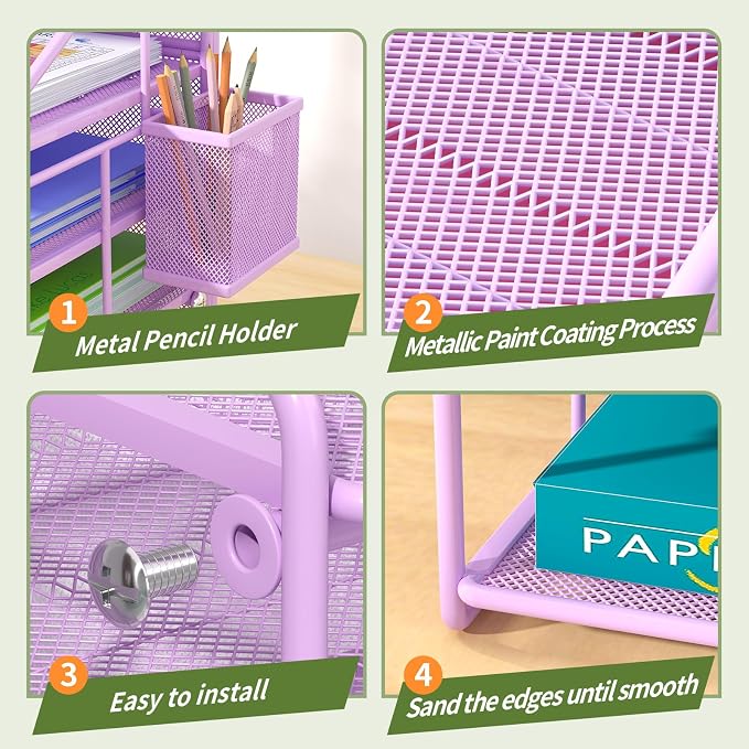 Purple 7 Tier Desk File Organizer, Metal Letter Tray Paper Organizer with Pull-Out Drawer, Removable Pen Holder & Hanging Basket, Vertical Desktop File Holder for Home Office, Classroom