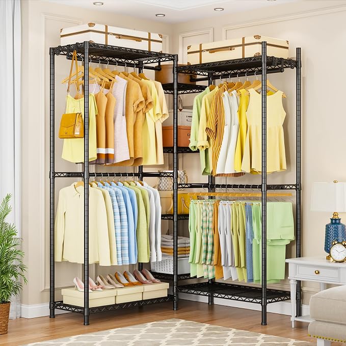 Ulif E4 Clothes Rack, Heavy-Duty Garment Rack, Metal Freestanding Clothing Organization Storage System Can Be L-Shaped with Shelves and Hangers, Max Load 962lbs, 71.6" W x 14.5" D x 79.3" H, Black | Metal Freestanding Clothing Organization Storage Syst...