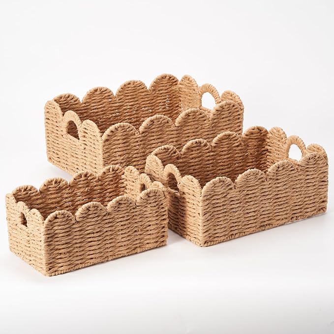 Scalloped Wicker Baskets Set of 3, Hand-Woven Storage with Handles | set of 3 tan scalloped baskets with handles. Hand-woven paper rope for shelves, bathroom or closet. Stackable, sturdy.