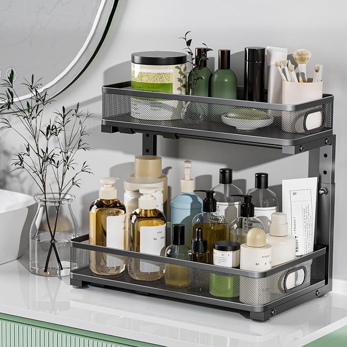 Under Sink Organizer 2 Pack, High Adjustable 2 Tier Under Sink Organizers and Storage, Slide out Metal Cabinet Organizers, Pull out Storage Drawer Shelf for Kitchen Bathroom Cabinet (Black)