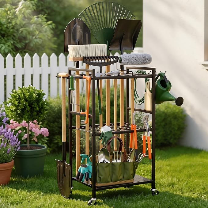 SPACECARE Garden Tool Organizer with Wheels, Up to 35 Long-Handled Tools | Yard Tower Rack for Garage Organization and Storage, Heavy Duty Steel Garden Tool Stand for Shed, Outdoor (Rakes/Brooms)
