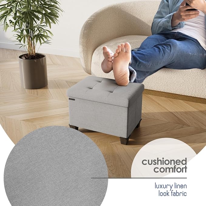 Storage Ottoman Cube with Small Bin, 16-in Square Ottoman with Storage for Living Room and Bedroom, Small Ottomans Foot Rest, Fabric Foot Stools Ottomans Max 330lbs, Light Grey