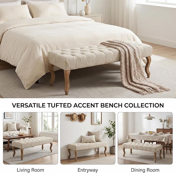 40" Accent Bench, Upholstered Tufted Ottoman Bench French Vintage Entryway Bench Linen Fabric Padded Bench with Distressed Wood Legs for Dining Room, Foyer, Living Room, Bedroom, Beige
