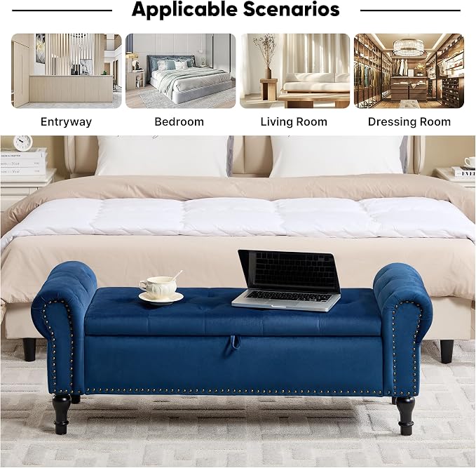 Storage Bench for Bedroom, 51" Upholstered End of Bed Bench, Velvet Queen Size Benches with Rolled Arms, Tufted Button Storage Long Ottoman, Living Room, Entryway, Blue