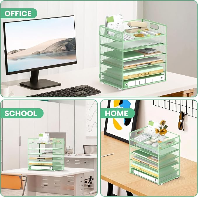 Daltack 6-Tier Paper Organizer for Desk with Handle, Green | Sturdy Metal Mesh Organizer with Movable Middle Trays and a Carry Handle for Papers, Folders and Office Supplies