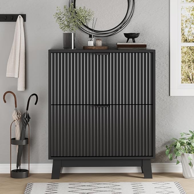 Xixini Shoe Cabinet with 2 Flip Drawers, 37" Tall Narrow Fluted Shoe Storage Organizer for Entryway, Hidden Slim Wooden Shoe Rack Cabinet for Front Door Entrance, Hallway, Living Room, Solid Black