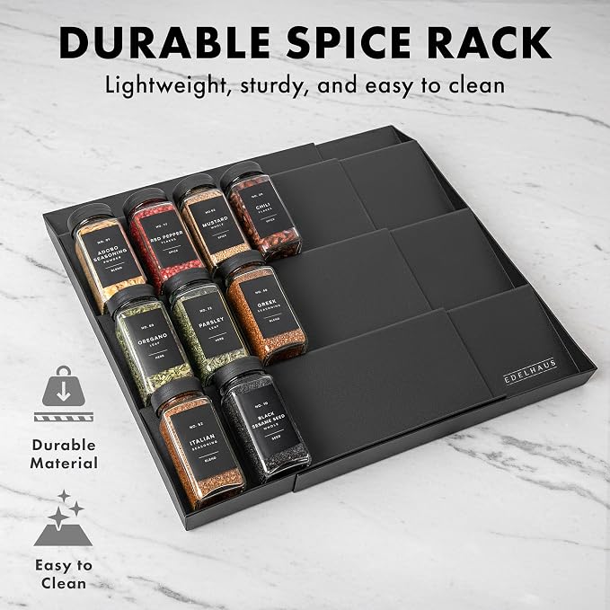 EDELHAUS Spice Drawer Organizer - Expandable Spice Rack for Drawer, Black Seasoning Organizer for Drawer Spice Organizer, Spice Organization Seasoning rack insert for Cabinet (Jars Not Included)
