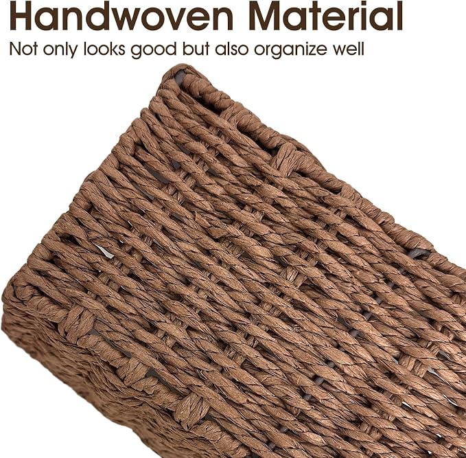 Paper Rope Storage Baskets for Shelves Organizing, Small Hand Woven Wicker Organizer Basket with Handle for Bathroom Toilet Paper Storage, Brown, 3-Pack