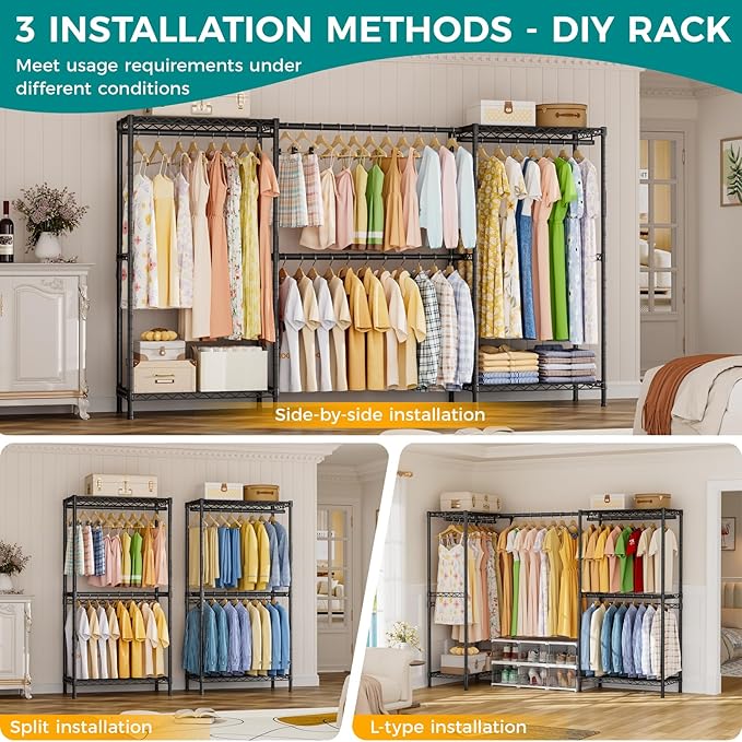 SINGAYE Heavy Duty Portable Closet Metal Clothes Racks Wardrobe with Shelf | Armoire Garment Rack Coat Rack with Adjustable Shelves Organizer and Storage for Hanging Freestanding Clothes Clothing Black