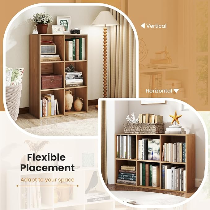 Giantex 6-Cube Bookcase, 3-Tier Cubby Bookshelf, Horizontal Vertical Display Rack with Anti-Tipping Kits, Modern Storage Organizer Shelf Unit for Bedroom, Living Room, Study Room, Natural | Horizontal Vertical Display Rack with Anti-Tipping Kits, Moder...
