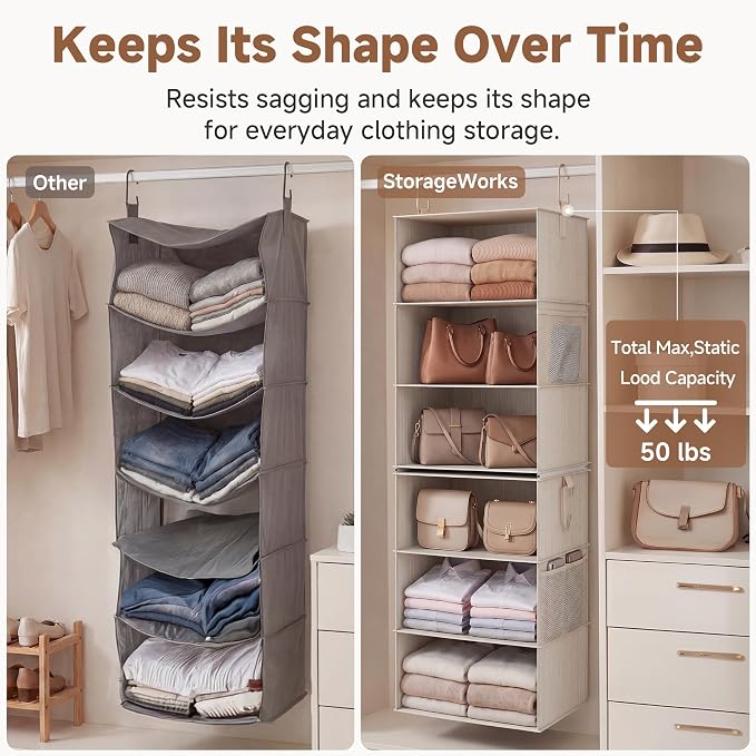 StorageWorks 6-Shelf Jumbo Closet Organizers, Two 3-Shelf Separable Hanging Shelves for Closet, 13 "D x 15" W x 47 ¼" H,Mixing of Beige, White & Ivory