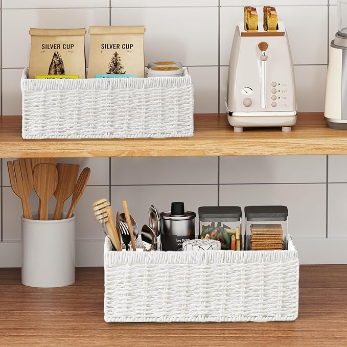 Wicker Storage Basket, Set of 2 Hand-Woven Paper Rope Wicker Baskets for Organizing Decor Storage Bins for Counter Shelves Pantry Basket Small Toilet Paper Basket for Toilet Tank Top, White