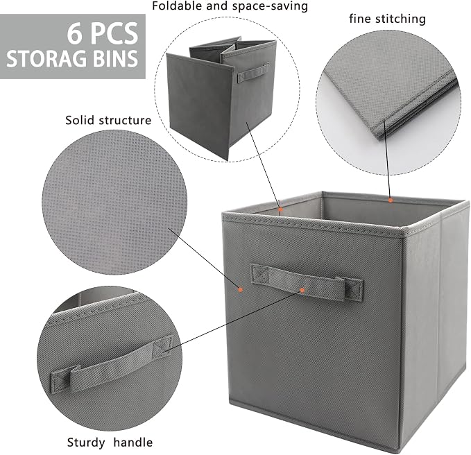 storage bins collapsible storage bins,cube storage organizer (Pack of 6) 9*7.5*7.5inch,For home and office Collapsible Closet Shelf Organizers, Drawer Organizers (Grey)