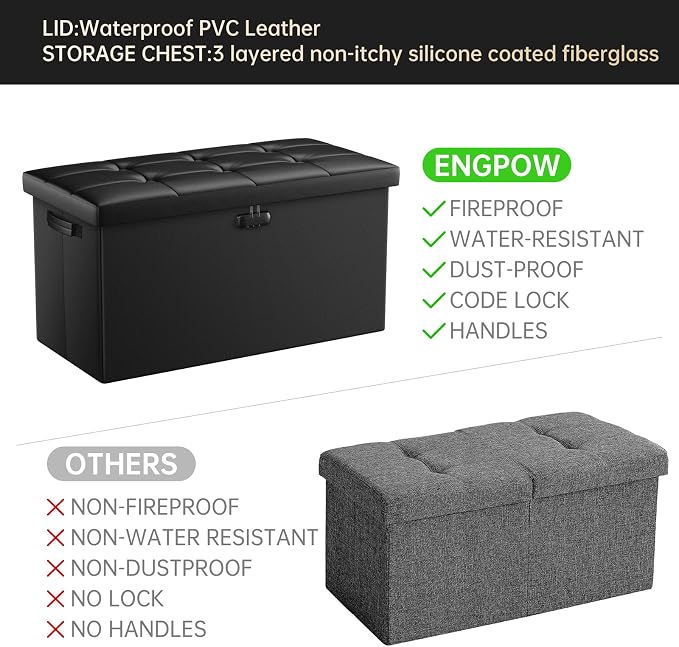 ENGPOW Storage Ottoman Bench,Fireproof Folding Bench with Lock,30 Inches Fire＆Water Resistant Storage Chest Foot Rest Stool Leather Bedroom Bench with Storage Safe for Document,Valuables,Black