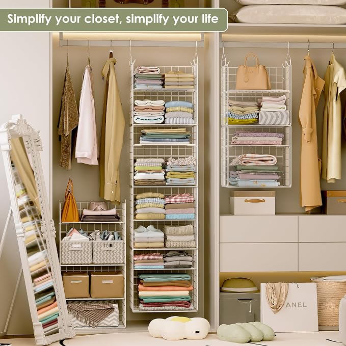 X-cosrack 8-Tier Closet Hanging Organizer Shelf - Hanging Clothes Organizer Shelves, Metal & Foldable Hanging Closet Organizer Baskets with Adjustable Dividers for Clothing Sweaters Shoes Handbags