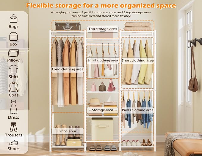 HOMIDEC Wardrobe Closet, 4 Hanging Spaces Portable Clothes Rack,Free Standing Closet Organizer and Storage System with Hanging Rods,Clothing Rack Suitable for Cloakroom,Bedroom,Entrances,etc.White