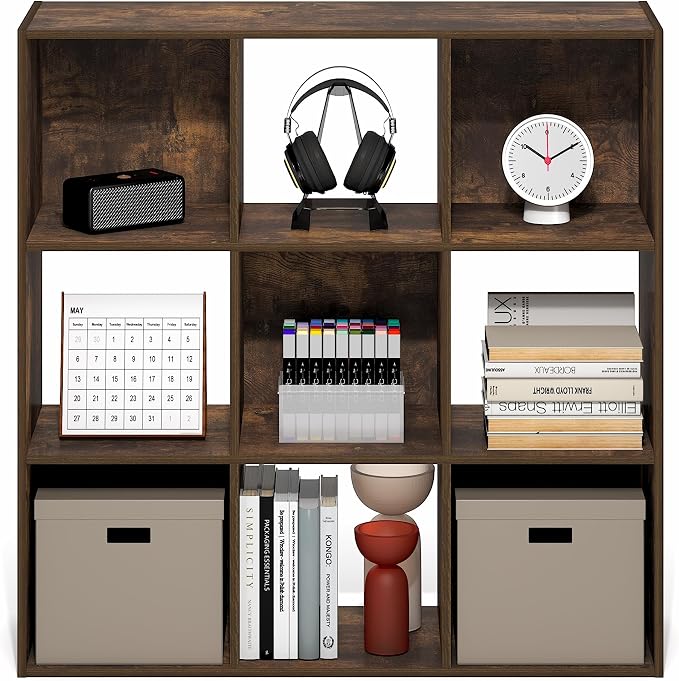 Furinno PELLI Book Shelf, 9-Cube Bookshelf, 3x3 Cube Storage Organizer Bookcase, 11.7 x 35.3 x 35.4, for Organization and Storage, for Living Room, Bedroom, Home Office, Amber Pine