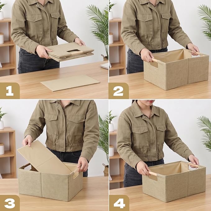Foldable Fabric Storage Cubes, 2 Packs Cloth Storage Baskets with Wooden Handles, Collapsible Shelf Closet Organizer Bins, Rectangular Storage Boxes for Decor (Coffee Color 2 Pack)