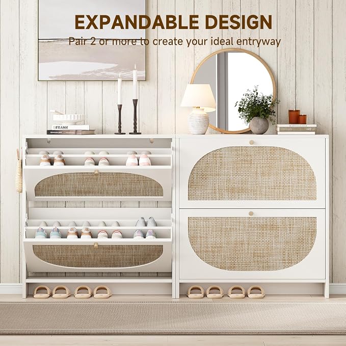 Nicetree Shoe Cabinet Storage for Entryway Slim 9.5" Freestanding Floor Base Shoe Storage Cabinet, 2 Flip Drawers with 3-Position Adjustable Divider, Holds 16-24 Pairs, Cream White