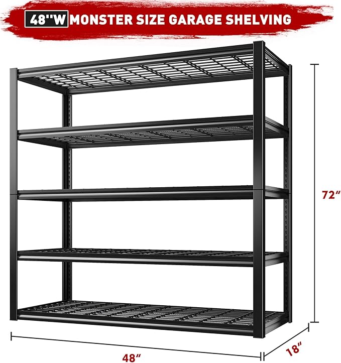 REIBII 48" W Garage Shelving Heavy Duty Load 2500LBS, 5 Tier Storage Shelves, Adjustable Metal Shelves for Warehouse, Pantry, Basement, 48" W X 72" H X18 D, 3PC